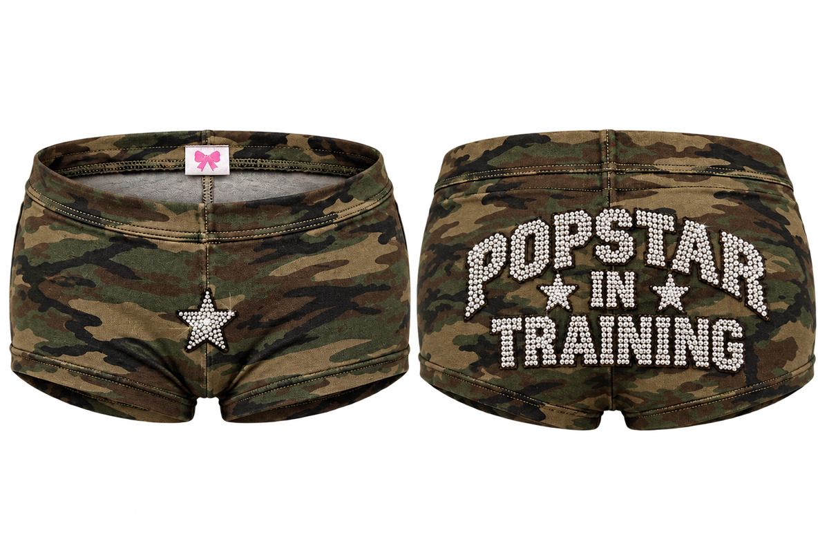 Camo Popstar in Training shorts, front and back view
