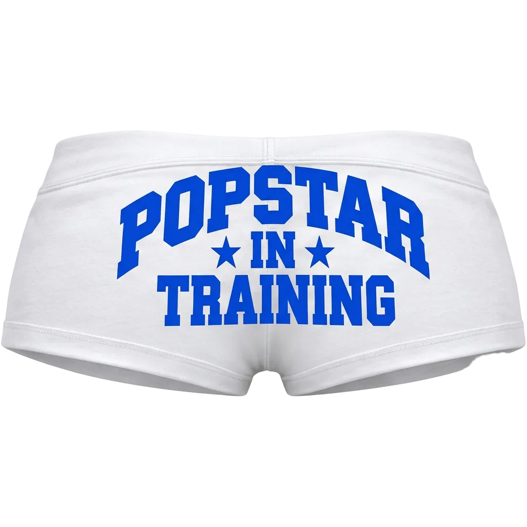 White shorts with blue lettering, back view