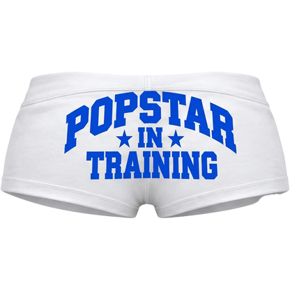 White shorts with blue lettering, back view