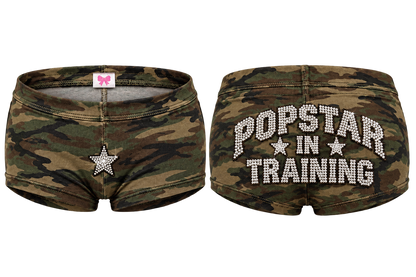 Camo Popstar in Training shorts, front and back view