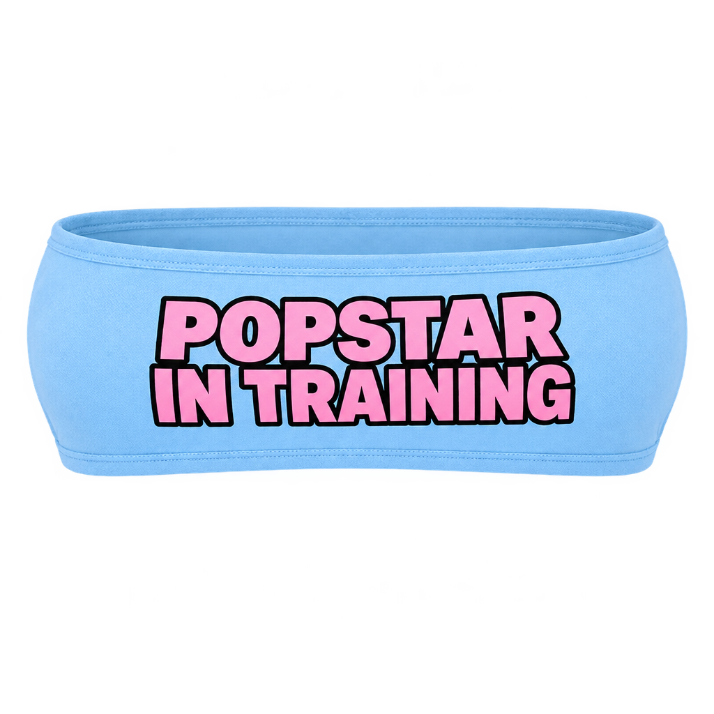 Ice blue bandeau top with pink POPSTAR IN TRAINING lettering